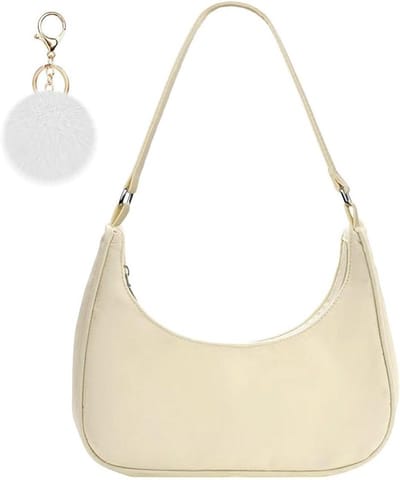 Schoudertas dames nylon trendy minihandtas met pomponsleutelhanger 27x23x7 cm.