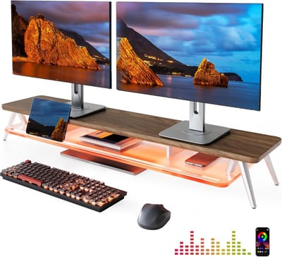Famanu – Monitorstandaard met acryl plank en ledverlichting - tweelaagse bureauverhoger met app-bediening - houder voor telefoon en hoofdtelefoon - hoog draagvermogen - bruin