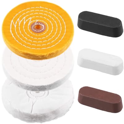 Set van 6 polijstwielen (6 inch) en polijstjoints, inclusief witte katoen en gele flanel voor bank slijpmachines