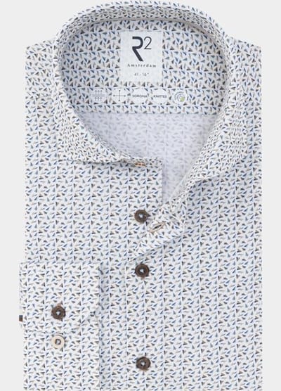R2 Amsterdam Casual hemd lange mouw Beige Blue beige paper plane print 132.WSP.003/045