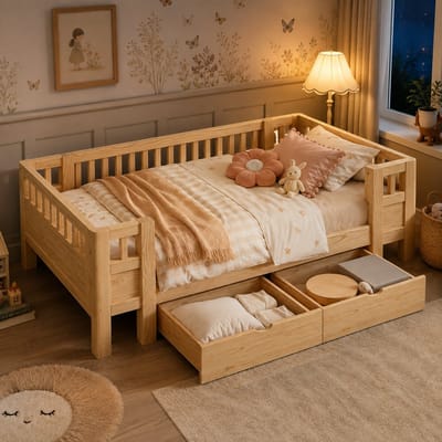 Kinderbed 90x200 cm - Eenpersoonsbed 90x200 cm - Vloerbed - Multifunctioneel bed - Massief houten bedframe - Met veiligheidsleuning - Met lades - Natuurlijke houttint