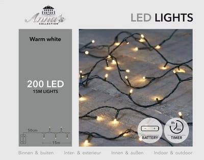 Anna's Collection Kerstverlichting - warm wit -1500 cm - 200 leds - zwart snoer - batterij
