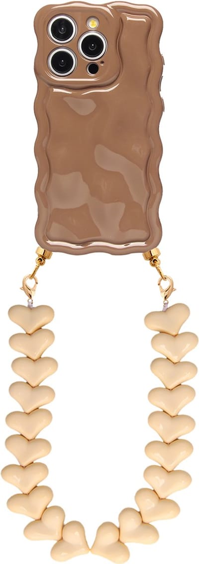 Casies Wavy hoesje geschikt voor Apple iPhone 12/12 Pro met creme hartenkoord - telefoonhoesje met chunky hartenkoord - Bruin - Cord case