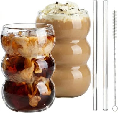 longziming - Bubbel Glazen Set - Borosilicaat Drinkglazen - Glazen Met Rietje - Uitstekende Temperatuurbestendigheid - Vaatwasmachinebestendig - Borosilicaatglas - Bubble-Structuur - Luxe En Elegante Uitstraling - 2 Stuks