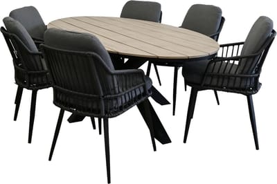7-delige tuinset | 6 Isabel tuinstoelen (Black) | 220 cm ovale Cyprus tuintafel (Wood)