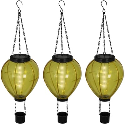 Lumineo solar luchtballon lantaarn - 3x - geel - H26 x D14 cm - kunststof - vlam effect - tuinverlichting