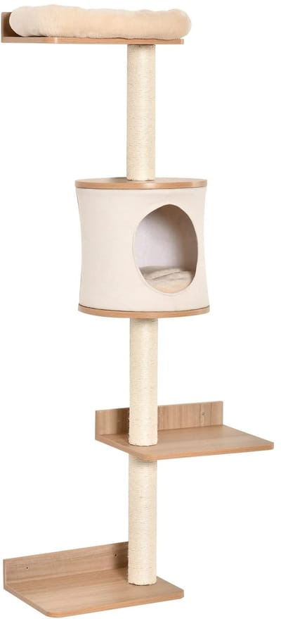 QUESTYR - Wand Kattenmeubel - Krabpaal - Moderne Klimmeubel - Katten - Beige - Houten Wand met Platforms - Verwijderbare Kussens
