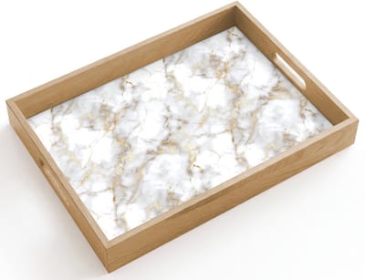 Dienblad hout 40x30 cm - Schootdienblad - Gouden aders - Marmer - Wit - Borrelplank rechthoek - Plateau dienbladen