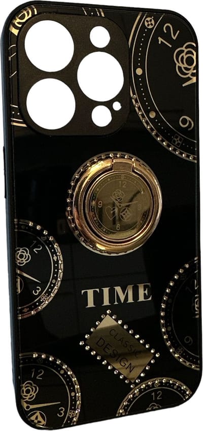 Schattig Klokontwerp met steentjes - Achterkant Hoesje Geschikt voor: iPhone 15 Pro Max - Vrouwelijk Ringhoesje - Zwart