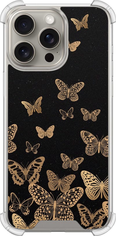 Shockproof hoesje - Geschikt voor iPhone 15 Pro Max - Vlinders - Extra sterke case - TPU/polycarbonaat - Print / Illustratie - Goud, Transparant