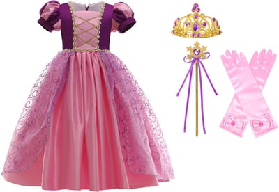 Het Betere Merk - Prinsessenjurk meisje - Roze / Paarse jurk - maat 110/116 - Verkleedkleding meisje - Kroon - Tiara - Carnavalskleding Kind - Kleed - Lange handschoenen