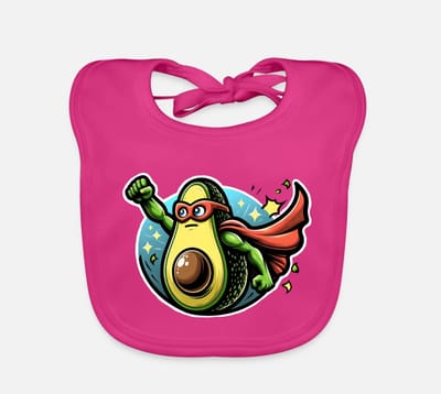 roze baby slabbetje met avocado-superheld design - 100% biologisch katoen