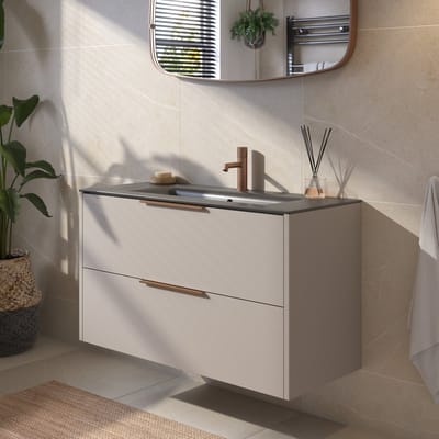 Saqu Lima badmeubel incl. mat zwarte keramische wastafel 100x46x61cm mat greige – koperen greep