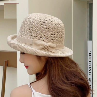 Chapeau d'été haut de gamme style Hepburn pour femmes Chapeau seau frais et tendance Chapeau de pêcheur tendance 58 beige