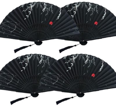 Vouwwaaiers - 4 stuks- Handgemaakte Stoffen Waaiers - Handwaaiers - Opvouwbare Waaiers - Decoratieve Waaiers - Waaiers in Chinese Stijl met Kwastjes - Ideaal voor Dans, Feestaccessoires, Bruiloften en Zomerse Verkoeling - Zwart
