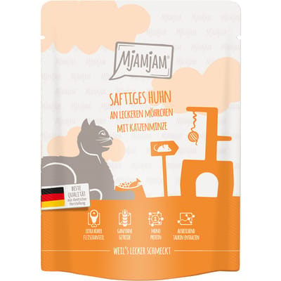 6x 300g MjAMjAM Squeeze Sappige Kip op Smakelijke Wortels Kattenvoer Nat