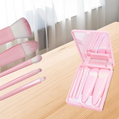 Make up kwasten set - 5-pack - Draagbaar - Reismake-upborstelset met spiegeldoos - Professionele foundationkwast, oogschaduwkwast en blendingkwast voor dames - Barbie Roze