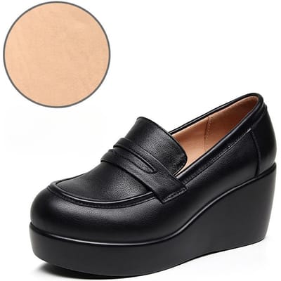 6,5 cm Vintage Zwarte Echt Lederen Loafers Dames Platform Wedge Schoenen Herfst Middenhoge Hakken Schoenen met Bont voor Kantoor Mama 40