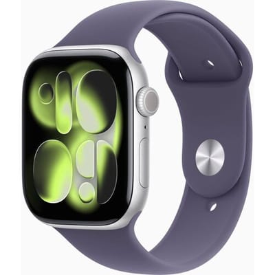 Apple Watch Series 11 GPS + Cellular 42 mm zilveren aluminium kast met paarse mist sportband - M/L