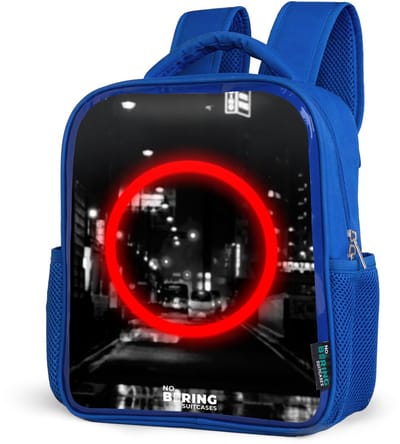 NoBoringSuitcases.com® - Rugzak blauw - Schooltas jongens - Felrode cirkel boven een stadsstraat - Kinder rugtas jongen - Boekentas kind - Kinderrugzak voor school - Schoolrugzak