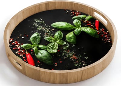 Dienblad rond 40x40 cm - Schootdienblad hout - Chilipepers - Basilicum - Blaadjes - Rood - Borrelplank rechthoek - Plateau houten dienbladen