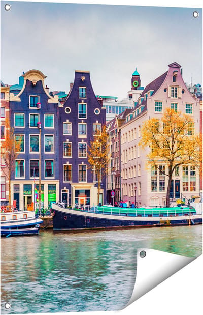 Gards Tuinposter Amsterdamse Huisjes vanaf de Gracht - 60x80 cm - Tuindoek - Tuindecoratie - Wanddecoratie buiten - Tuinschilderij