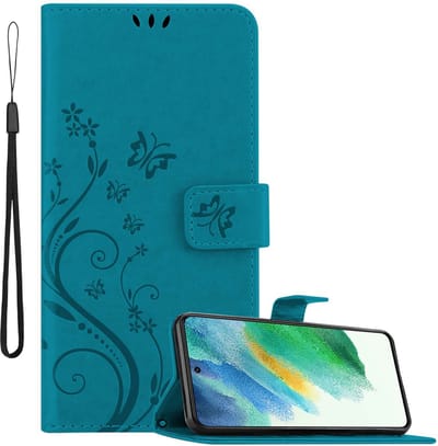 Cadorabo Hoesje geschikt voor Samsung Galaxy S21 FE in BLOEMEN BLAUW - Beschermhoes in bloemmotief met magnetische sluiting, standfunctie en kaartsleuven Book Case Cover Etui