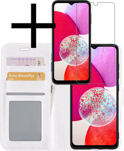 Hoesje - Met Screenprotector - Geschikt voor Samsung Galaxy A14 - Luxe Pasjeshouder - Bookcase Portemonee - Flip Case - Kunstleer Book Case - Flipcase - Book Cover - Walletcase - Portemonneehoes - Wit