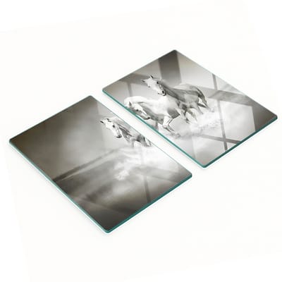 Twee decoratieve snijplanken van gehard glas met witte paardenmotief, 2x40x52 cm