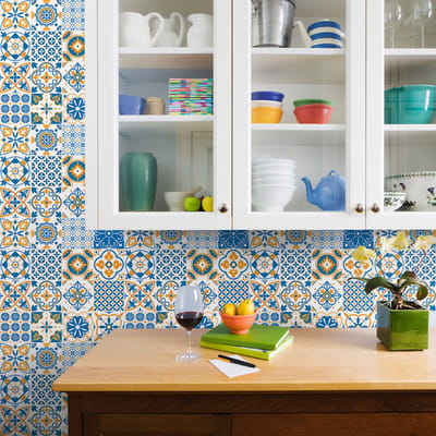 Zelfklevende tegelmuurstickers voor keuken en badkamer - 9 cementtegelstickers, Azulejos Sidonio - 9 stickers, 15x15cm
