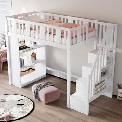 MODFU Hoogslaper 90x200 cm – Wit hout – Opbergtrap & 3 opbergvakken – Veiligheidsreling – Kindermeubel