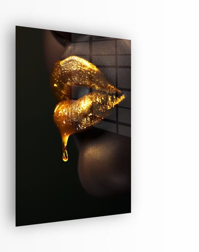Indoorart - Glasschilderij Goud Druipende Lippen 40x60 CM - Afbeelding op plexiglas - Inclusief montagemateriaal