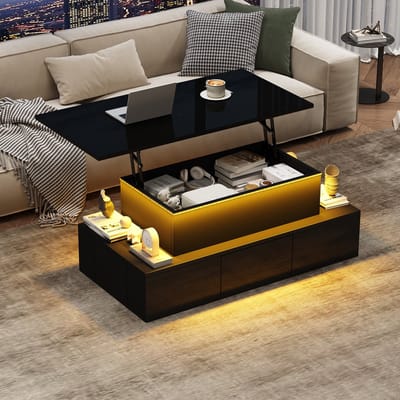MODENUIT Salontafel - Hefbaar Met 4 Laden, LED En USB - Voor Woonkamer - MDF Hoogglans Zwart - 100x50x40 Cm