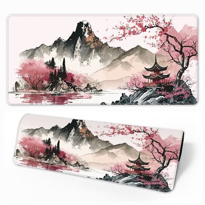 Gamingmuismat - 800x300 mm - Antislip - Waterdicht - Gestikte randen (pruimenbloesem- en landschapsdesign)