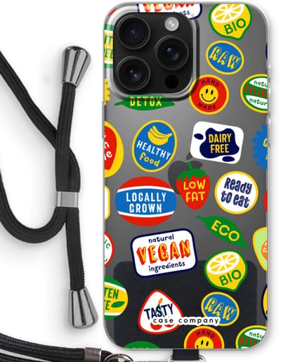 Case Company® - Hoesje met koord geschikt voor iPhone 16 Pro Max hoesje met Koord - Fruitsticker - Telefoonhoesje met Zwart Koord - Bescherming aan alle Kanten en Over de Schermrand