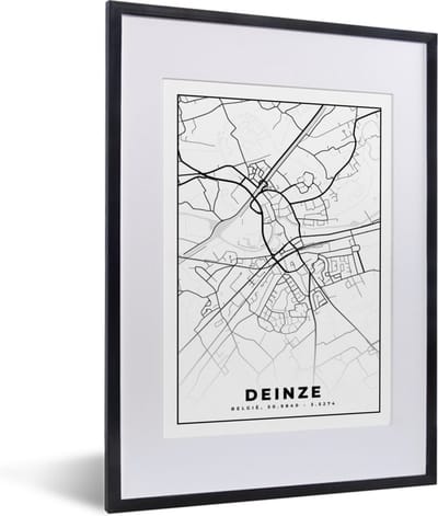 Fotolijst incl. Poster Zwart Wit- Stadskaart – Zwart Wit - Kaart – Deinze – België – Plattegrond - 30x40 cm - Posterlijst