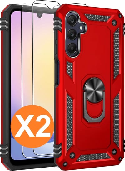 Hoesje Geschikt voor Samsung Galaxy A25 Hoesje Rood Anti-Shock Hybrid Armor hoesje - met screenprotector Galaxy A25 5G - 2 pack