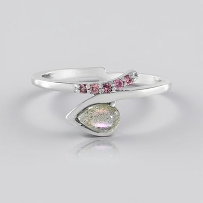 Cavill - 925 Sterling Zilver Ring - Roze Labradoriet 0,449 ct & Toermalijn 0,084 ct - Peervorm Cabochon - Elegante Damesring