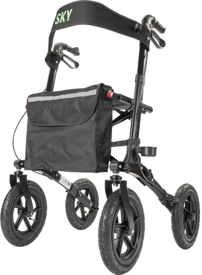 Sky Air Zwart - Lichtgewicht Outdoor rollator met grote luchtbanden - Dubbel opvouwbaar - Met stokhouder, tas en rugband