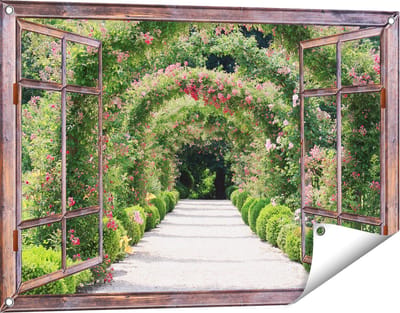 Gards Tuinposter Doorkijk Rozenbogen Tunnel - 90x60 cm - Tuindoek - Tuindecoratie - Wanddecoratie buiten - Tuinschilderij