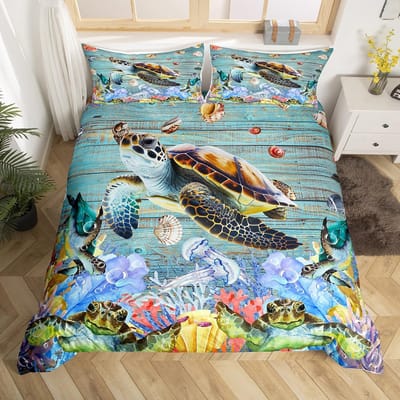 Dekbedovertrek Volledige Maat Zeeschildpad, Oceaan Beddengoed Set voor Kinderen Tieners, Strand Dekbedovertrek, 1 2 Kussenslopen 3-delig voor Tieners Jongens EU single(135x200cm)