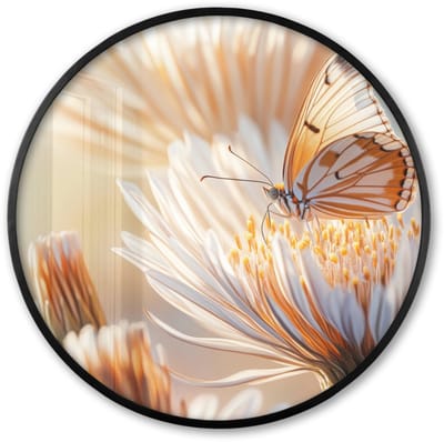 Poster in lijst Rond - Fotolijst 60x60 cm - Posters - Vlinder - Bloem - Oranje - Ronde posterlijst zwart - Decoratie - Wanddecoratie woonkamer - Muurdecoratie slaapkamer