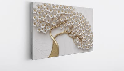 Saammp Canvas Schilderij - goude boom met witte bloemen - Abstract - 30x20 - Foto op canvas - Wanddecoratie - Muurdecoratie Woonkamer - Slaapkamer decoratie - Canvas Print