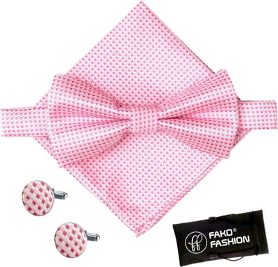 Fako Fashion - Vlinderstrik, Pochette & Manchetknopen Blok - Vlinderdas - Strikje - Pochet - Geblokt - Roze