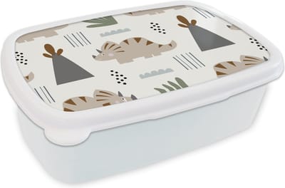 Broodtrommel Wit - Lunchbox - Brooddoos - Jongens - Kinderen - Patroon - Dinosaurus - 18x12x6 cm - Volwassenen