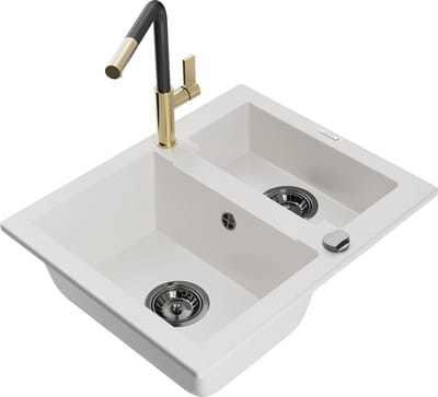 Mexen Carlos granieten gootsteen 1,5-kamer met keukenkraan Flora, wit - 6518-20-670401-57-B