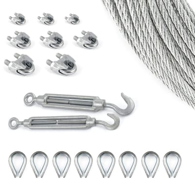 DQ-PP STAALKABEL SET 10 - 3 mm 6x7 Middelzacht - 10 meter - Gegalvaniseerd Staal - 8x kousen 3 mm - 2x Spanschroef Haak-oog M5 - 8x Kabelklemmen Beugel 3 mm - Staalkabel voor Klimhulp Kabel Draad Bosbouwkabel