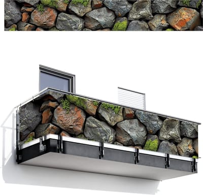 Balkonscherm 500x75 cm - Balkonposter Steenlook - Mos - Grijs - Groen - Balkon scherm decoratie - Balkonschermen - Balkondoek zonnescherm