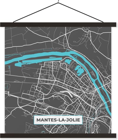 Posterhanger incl. Poster 60x60 cm - Schoolplaat - Mantes-la-Jolie - Plattegrond - Frankrijk - Kaart - Stadskaart - Textielposter - Zwarte latten - Stadskaart