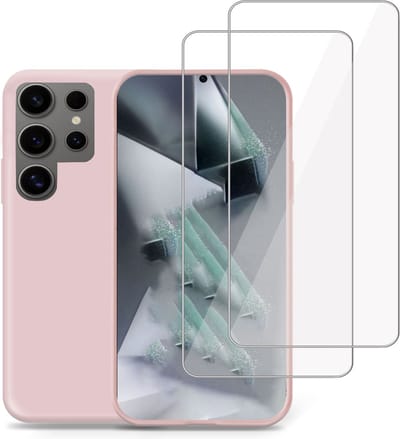 Hoesje + 2x Screenprotector geschikt voor Samsung Galaxy S24 Ultra – Tempered Glass - Liquid Back Case Cover Rose